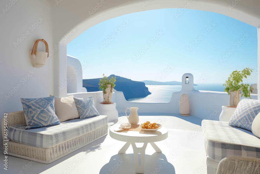 Luxury apartment terrace Santorini Interior of modern living room sofa or couch with beautiful sea view, created with Generative Ai Technology