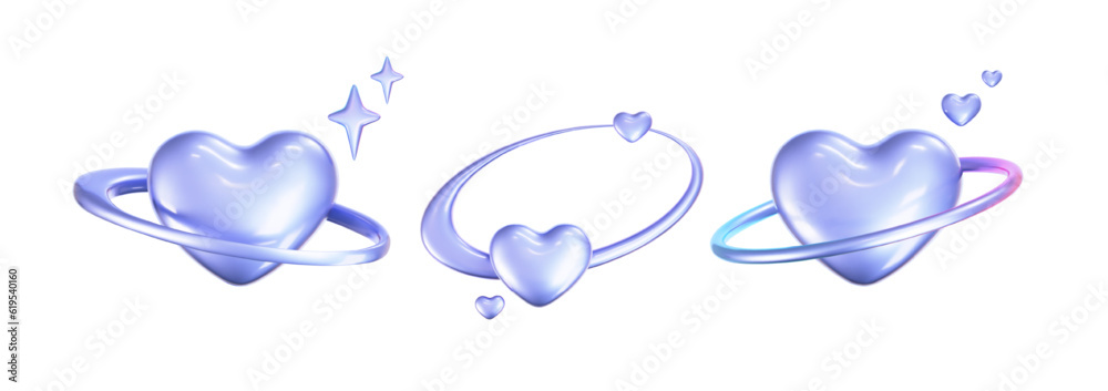 3d holographic hearts in y2k style set isolated on a white background ...