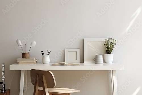 Empty desk with simple office things. Minimal creative workspace with white wall  created with Generative Ai Technology