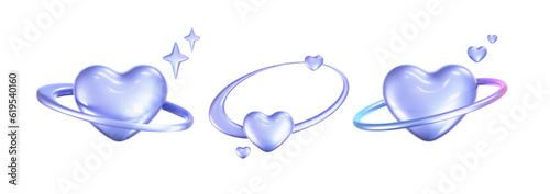 3d holographic hearts in y2k style set isolated on a white background. Render of 3d iridescent chrome hearts with galaxy planet, stars and rainbow gradient effect. 3d vector y2k illustration.