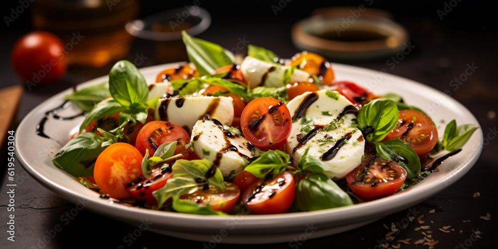 Ultra - detailed image of a plate of mixed salad with cherry tomatoes, mozzarella, basil leaves, seasoned with balsamic reduction, close Ultra - detailed image of a plate of mixed salad with cherry tomatoes, mozzarella, basil leaves, seasoned with balsamic reduction, close