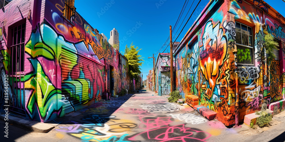 Vibrant, 3D - rendered image of a colorful graffiti - covered alley in the midday sun, Photorealistic