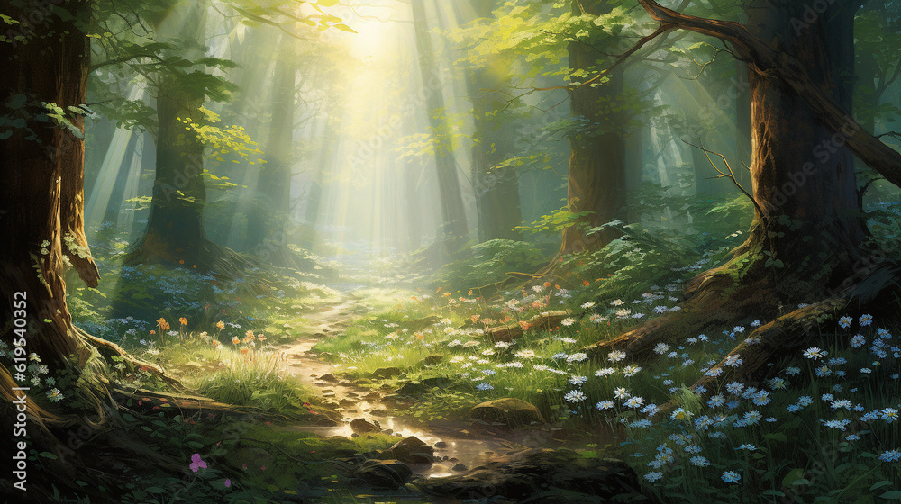 Vivid portrayal of a flourishing forest teeming with diverse wildlife, luminous rays of sunlight filtering through the dense foliage, highlighting the dew - kissed leaves and flowers, digital oil pain