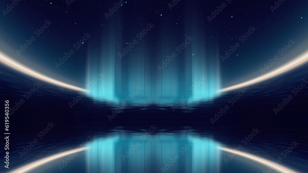 Dark abstract futuristic landscape, blue neon, reflection in the water.