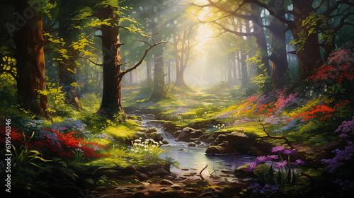 Vivid portrayal of a flourishing forest teeming with diverse wildlife  luminous rays of sunlight filtering through the dense foliage  highlighting the dew - kissed leaves and flowers  digital oil pain