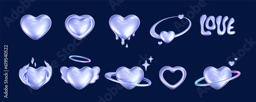 3d holographic hearts in y2k style isolated on dark background. Render 3d iridescent chrome hearts with galaxy planet, stars, fire flame, angel wings, melting, love text. 3d vector y2k illustration.