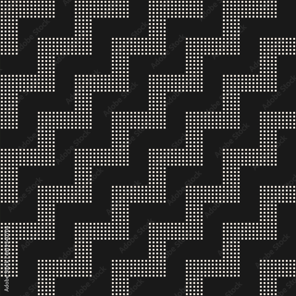 Fototapeta premium Vector geometric seamless pattern with zigzag stripes. Black and white texture with zig zag lines made from small squares, dots. Diagonal chevron background. Simple minimal monochrome repeat design