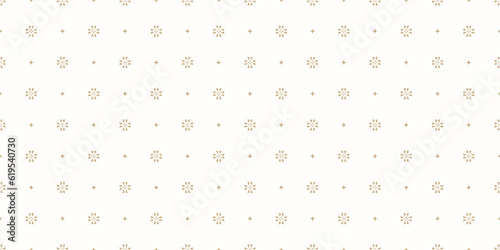 Vector golden minimal floral background. Simple geometric seamless pattern with tiny flower silhouettes, small stars, diamonds. Subtle gold and white abstract texture. Minimal luxury geo design
