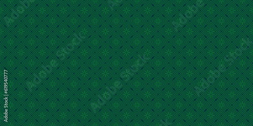 Subtle vector seamless pattern. Simple green geometric floral ornament. Abstract ornamental texture with flower silhouettes, petals, curved lines, repeat tiles. Elegant background. Repeatable design