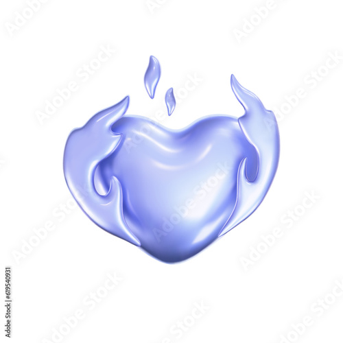 3d holographic heart icon with fire flame in y2k style isolated on a white background. Render of 3d iridescent chrome hot heart emoji with rainbow gradient effect. 3d vector y2k illustration