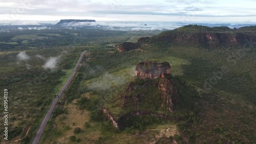 Beautiful drone flight over amazing sandstone rock formation covered in Brazilian savannah vegetation