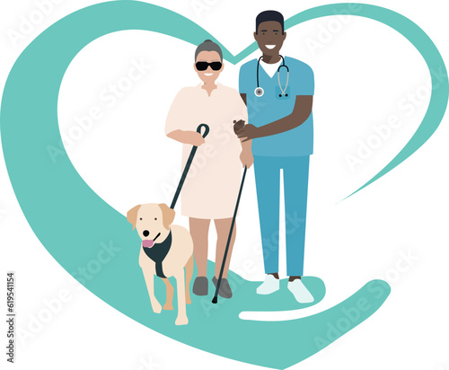 Medical Professional Nurse Assists And Helps Active Disabled Blind Patient To Walk