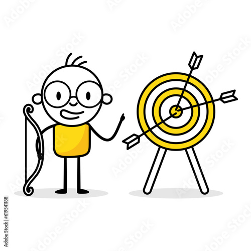 Man archery shoot hitting bullseye target. Success reaching goal or target, victory or winner, efficiency or perfection concept. Vector stock illustration