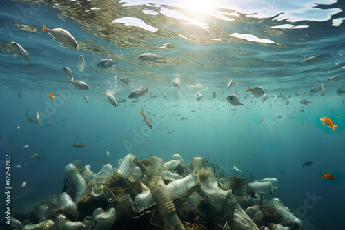 Fish and plastic pollution in sea. Generative Ai.
