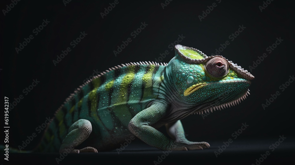 Fototapeta premium chameleon on a black background lizard reptile animal green generative ai