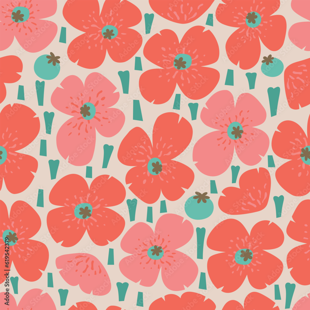 Modern cartoon poppy seamless pattern. Simple flower shape, box vector illustrtion for textile, background