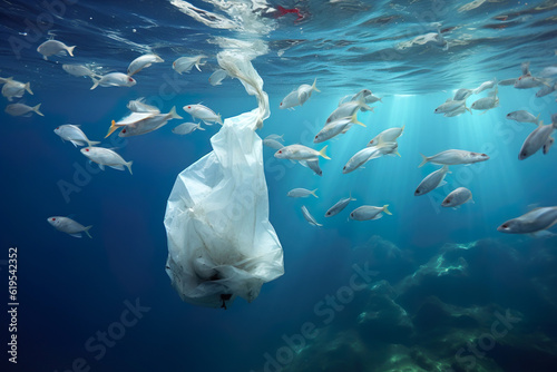 Fish and plastic pollution in sea. Generative Ai. © vetre