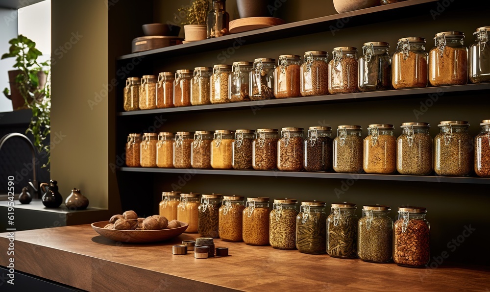  a shelf filled with lots of different types of jars on top of a wooden counter.  generative ai