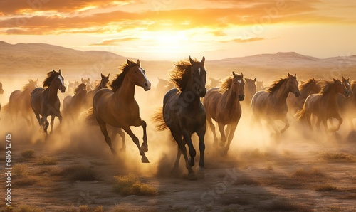  a herd of horses running across a desert field at sunset. generative ai