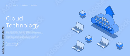 Cloud storage isometric. Data storage with server and lap top. Vector illustration