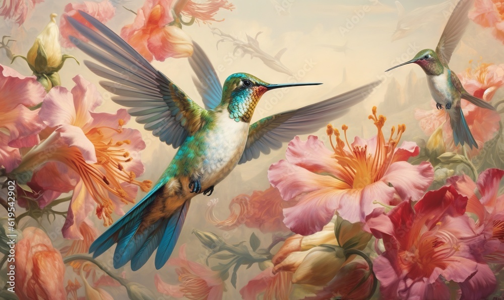  a painting of a hummingbird hovering over a flower filled field.  generative ai