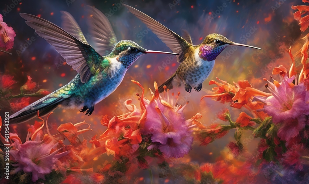 a painting of two hummingbirds flying over a bunch of flowers. generative ai a painting of two hummingbirds flying over a bunch of flowers. generative ai