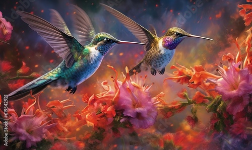  a painting of two hummingbirds flying over a bunch of flowers. generative ai