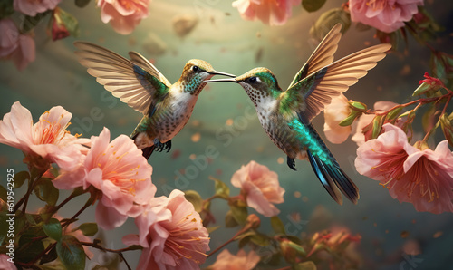  two hummingbirds are touching each other in front of pink flowers.  generative ai