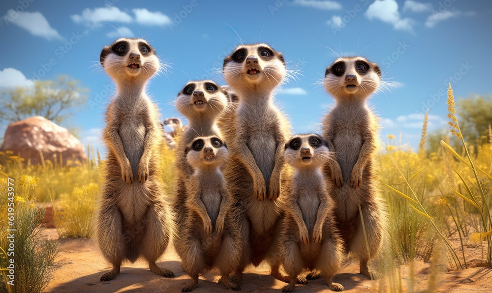  a group of meerkats standing in a field.  generative ai