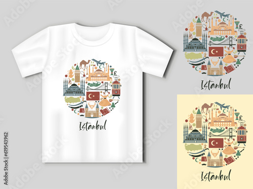 Traditional tourist symbols of Turkey in the form of cirle. Travel concept with t-shirt mockup.