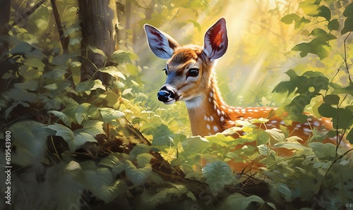  a painting of a deer in a forest with sunbeams. generative ai