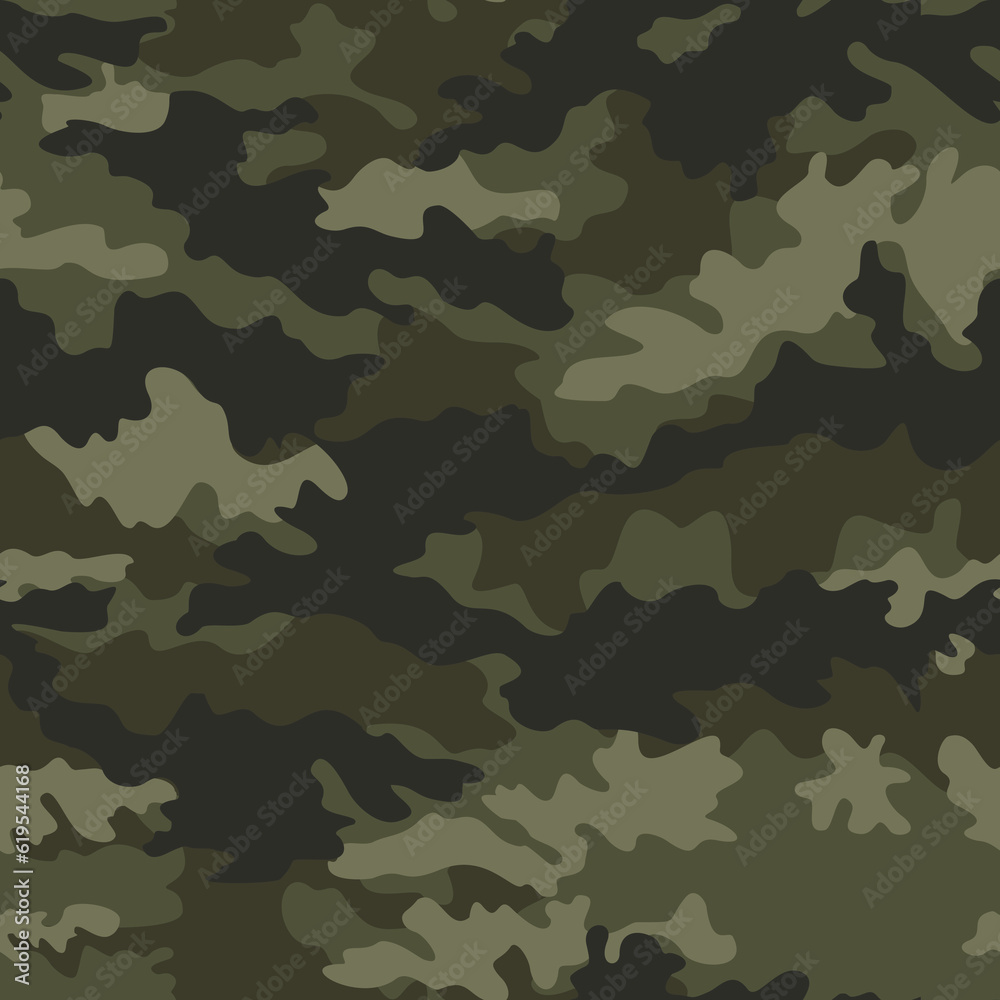 Fototapeta premium Army camouflage seamless forest pattern, disguise, khaki background, military uniform, street print.