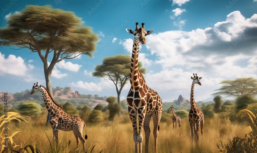 Fototapeta premium a group of giraffes standing in a field. generative ai