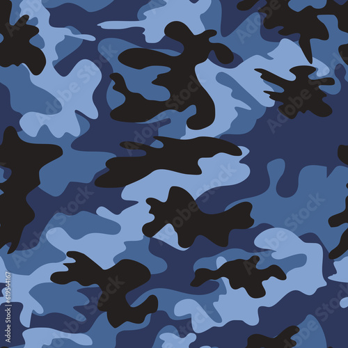 Blue camouflage pattern, dark army seamless background, military textile print