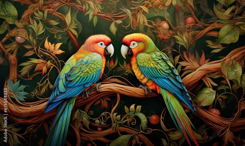  two colorful birds sitting on a branch of a tree together.  generative ai