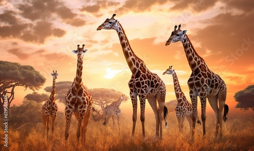  a herd of giraffe standing on top of a grass covered field.  generative ai © Anna
