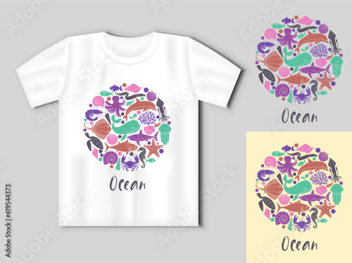 Marine life icons in the form of a circle. Ocean concept with t-shirt mockup photo