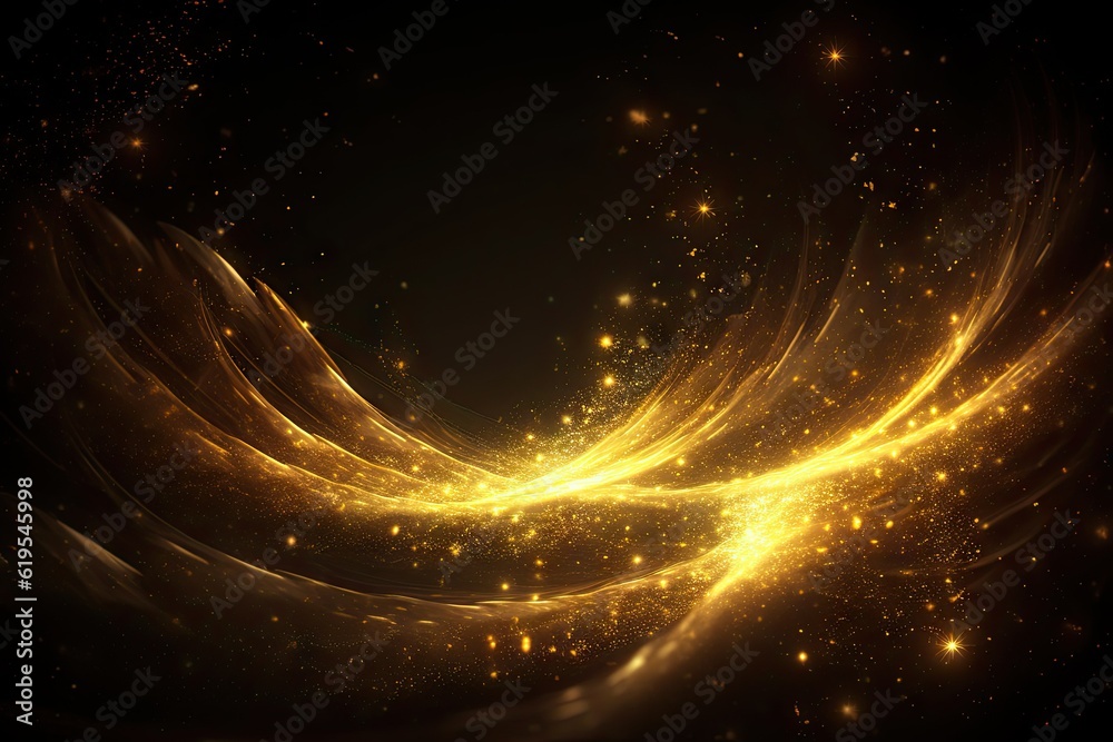 Obraz premium Golden Ethereal Swirls on Black Background. Spiral Light Effects Generative AI illustrations