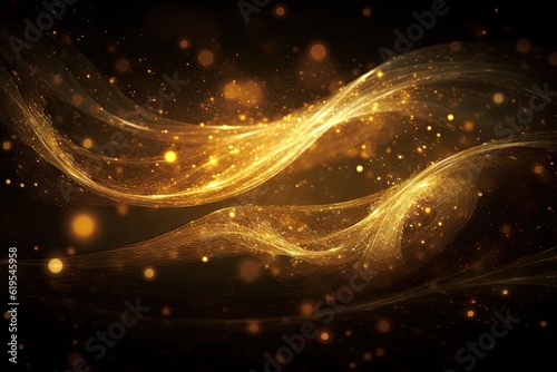 Golden Ethereal Swirls on Black Background. Spiral Light Effects Generative AI illustrations