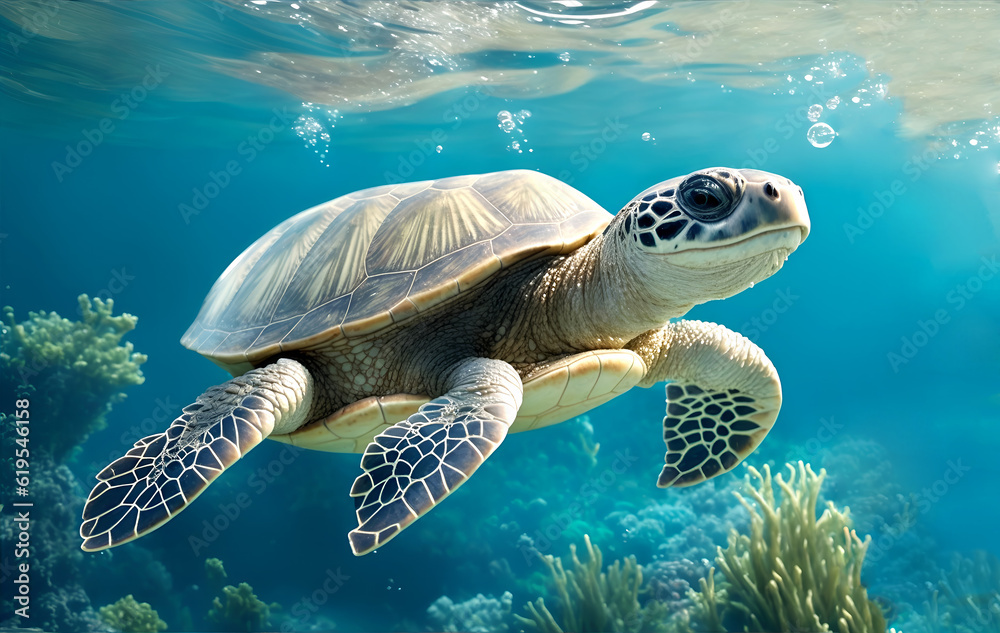 Fototapeta premium Young sea turtle under water, ai generated