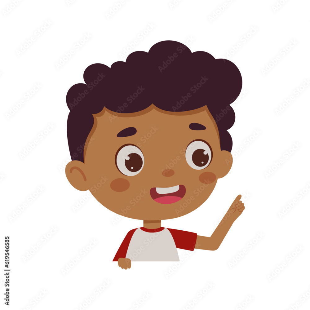 Cute little kid boy with great idea. Template for children design. Cartoon schoolboy character show facial expression. Vector illustration