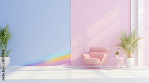 modern colorful vibrant living room with rainbow wall