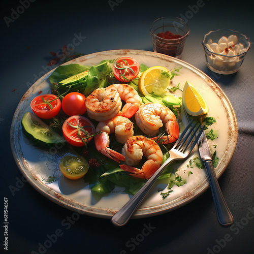 picture salad with vegetables and shrimps, greens in a plate