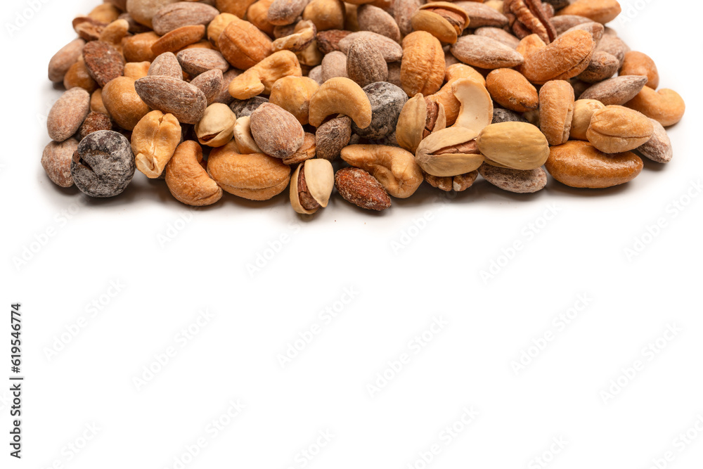 A group of almonds, pistachios, walnuts, macadamia, cashews. A group of almonds, pistachios, walnuts, macadamia, cashews.