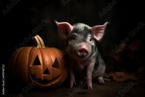 Cute domestic little pig and Halloween pumpkin, AI Generated © staras