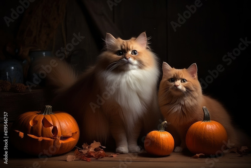 Two domestic fluffy cats and a Halloween pumpkin, AI Generated