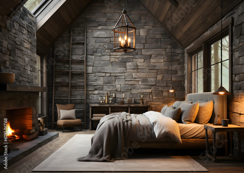 interior of a cabin bedroom in forest