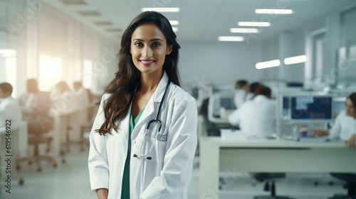A Indian woman in a white lab coat with a stethoscope on her neck stands in a hospital