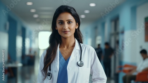 A Indian woman in a white lab coat with a stethoscope on her neck stands in a hospital
