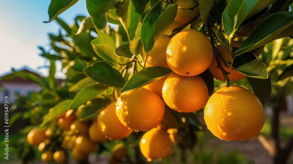 Fresh oranges on a tree, Freshly grown oranges on a farm, AI generated